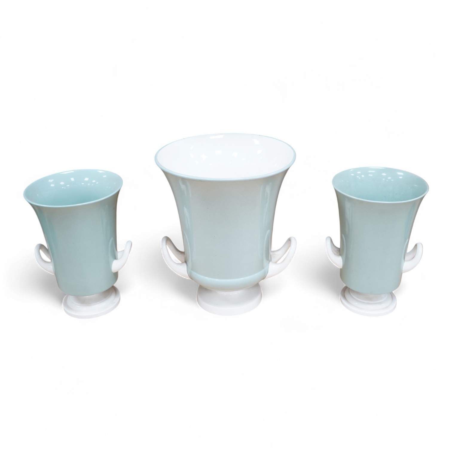 Keith Murray for Wedgwood, a garniture of three graduated twin handled slipware vases, stamped to the bases, largest 25cm high